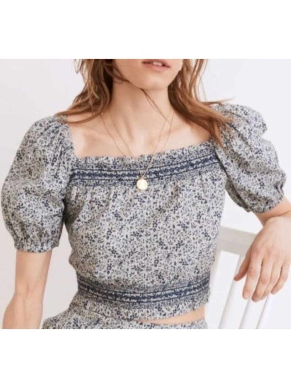 Madewell Jeannette Cropped Top XS Blue Floral New WOT Puff Sleeve Back Buttons